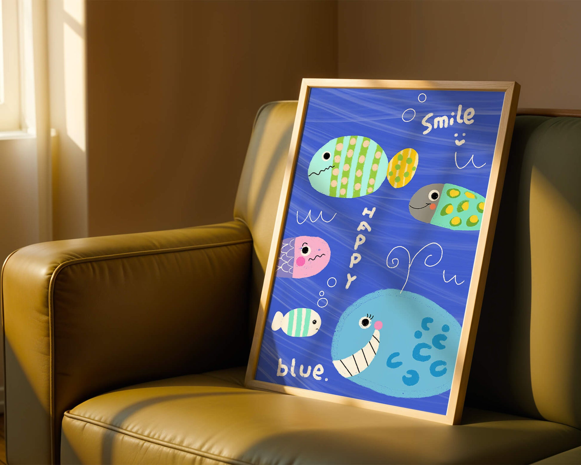 Colorful underwater scene with smiling cartoon fish
