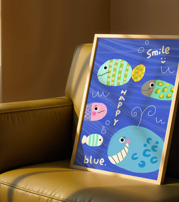 Colorful underwater scene with smiling cartoon fish