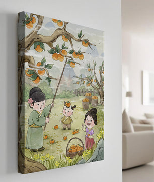 Illustration of children harvesting persimmons in a traditional setting
