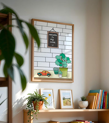 Chalkboard welcome sign with potted plants and a toy car