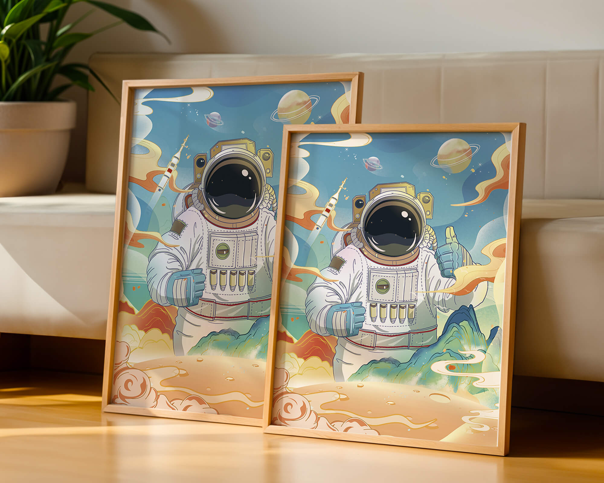 Colorful illustration of an astronaut in space with planets and rocket