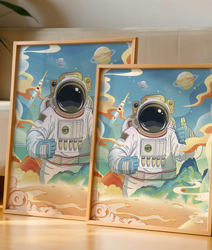 Colorful illustration of an astronaut in space with planets and rocket