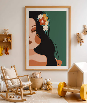 Elegante Illustration einer Frau mit floralem Haarteil