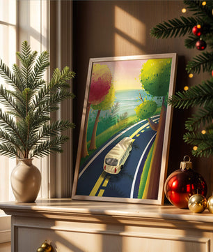 Scenic Road Trip with Vibrant Trees and Sunset