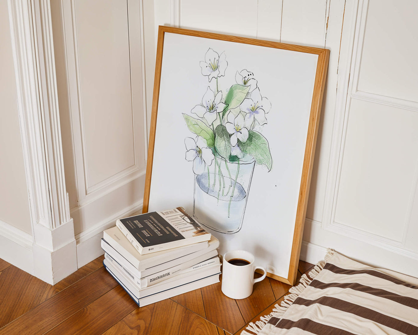 Delicate white flowers in a glass vase illustration