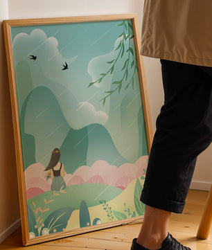Peaceful landscape with a girl and nature elements