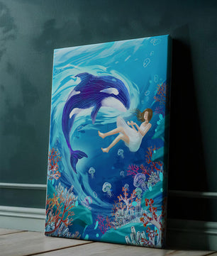 Escena submarina de fantasía con una ballena juguetona y una chica flotando entre corales y medusas