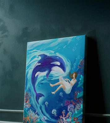 Underwater fantasy scene with a playful whale and a girl floating amidst coral and jellyfish