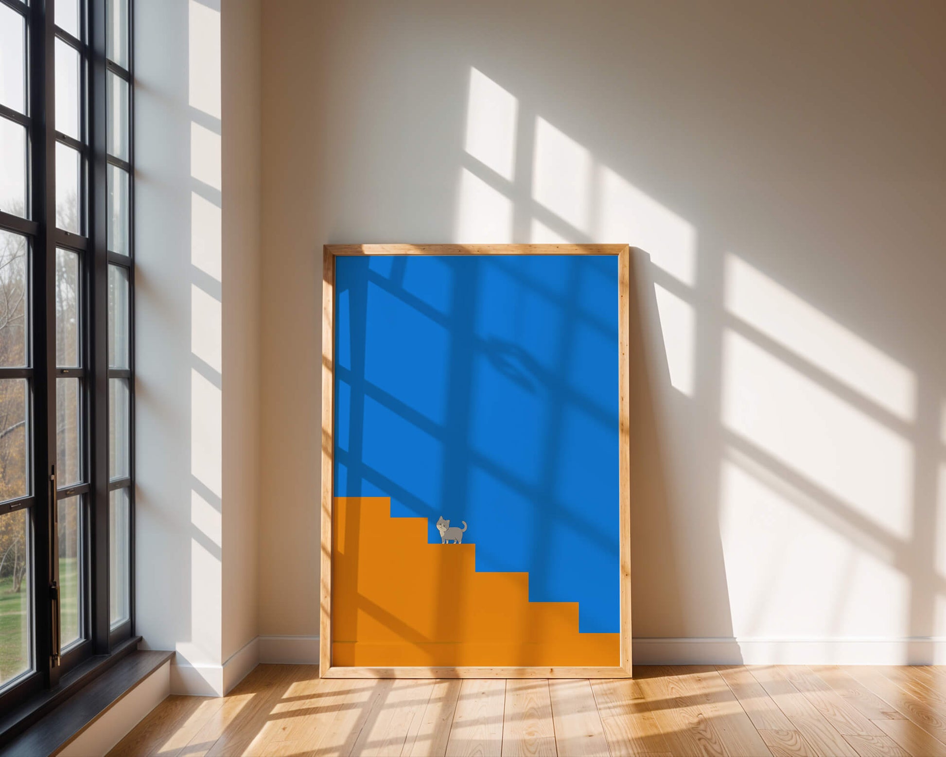 Minimalistic cat on stairs with blue background
