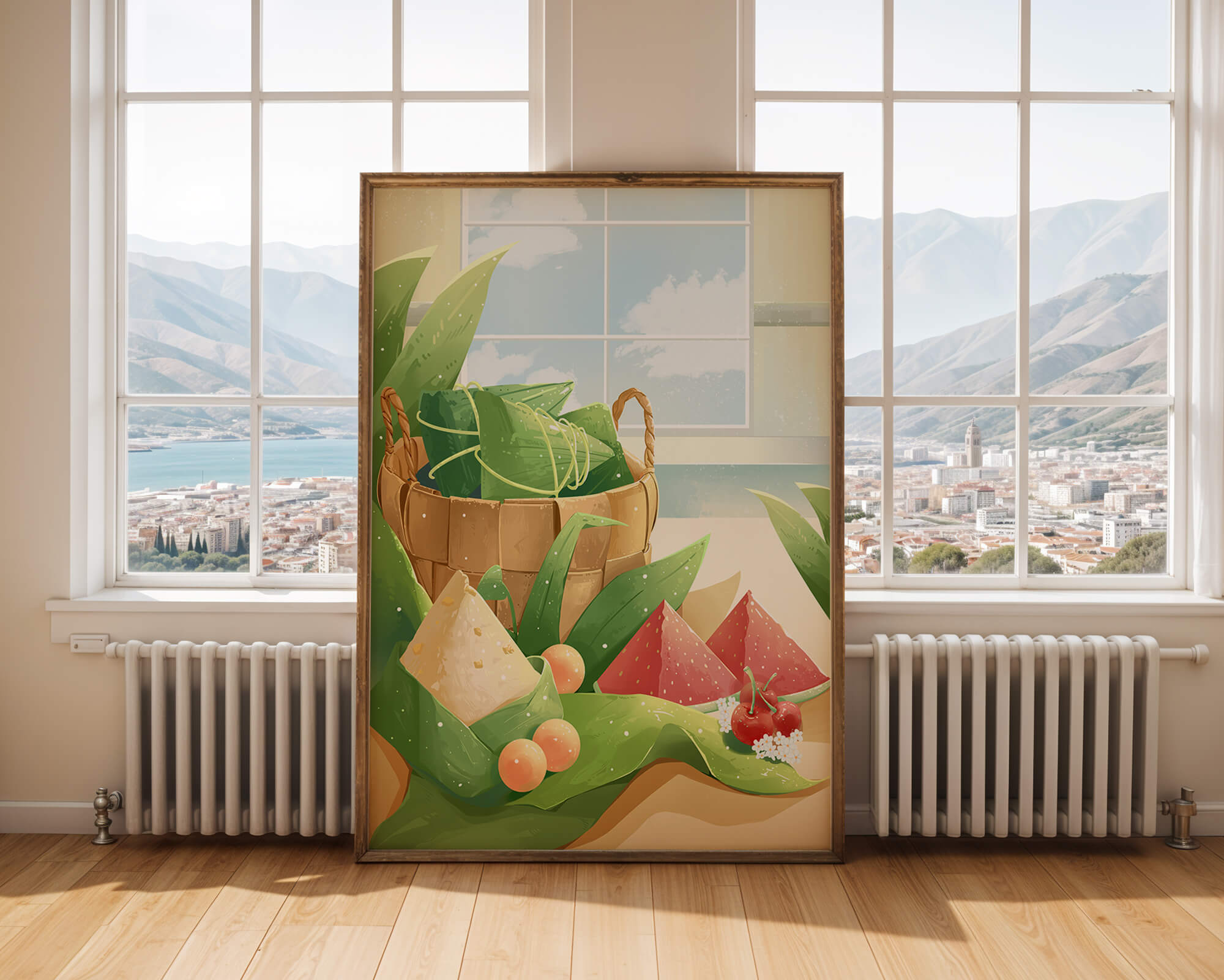 Serene kitchen scene with basket of fruits and leaves