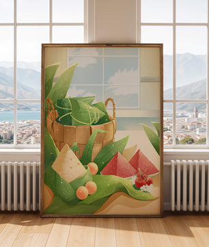 Scène de cuisine sereine avec un panier de fruits et de feuilles