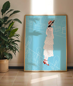 Stylish woman in polka dot dress with hat in modern abstract scene