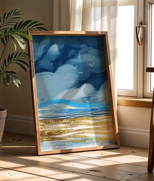 Dynamic Ocean Waves Under Cloudy Sky With Seagulls And Gold-Tinted Sand