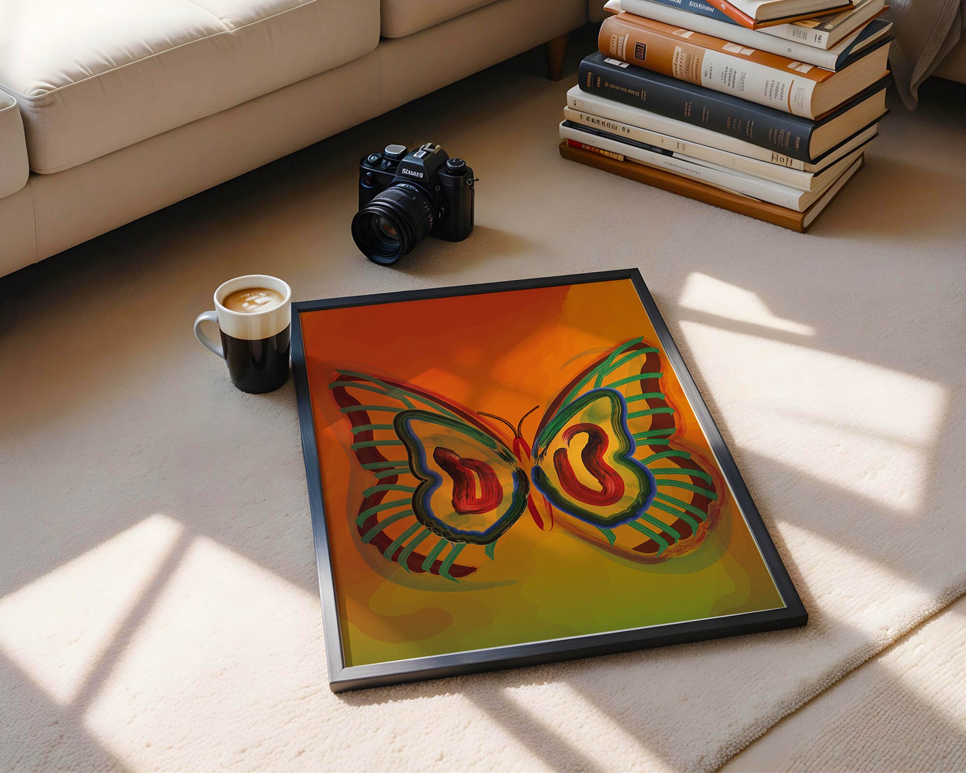 Vibrant butterfly depiction with colorful abstract background