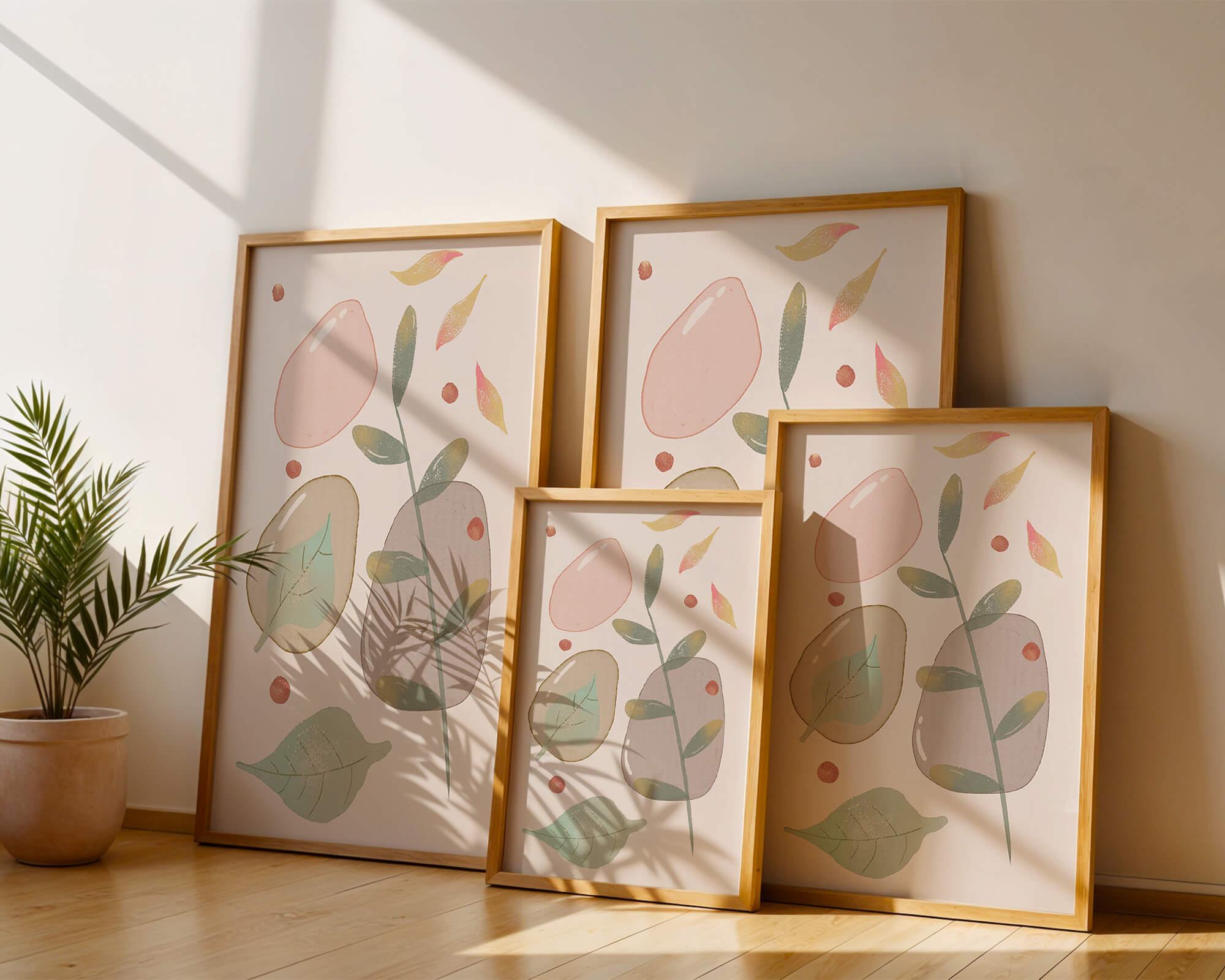 Abstract botanical illustration with pastel colored leaves and shapes