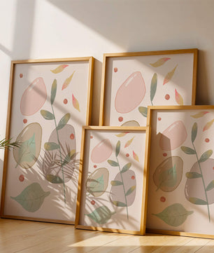 Abstract botanical illustration with pastel colored leaves and shapes