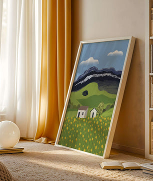 Peaceful Rural Landscape with Houses and Yellow Flowers under Blue Sky