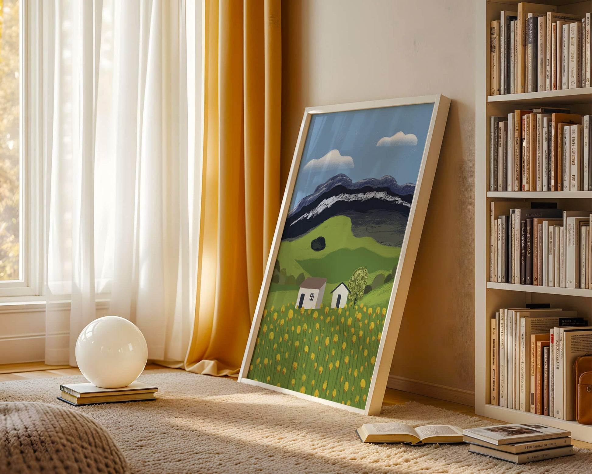 Peaceful Rural Landscape with Houses and Yellow Flowers under Blue Sky