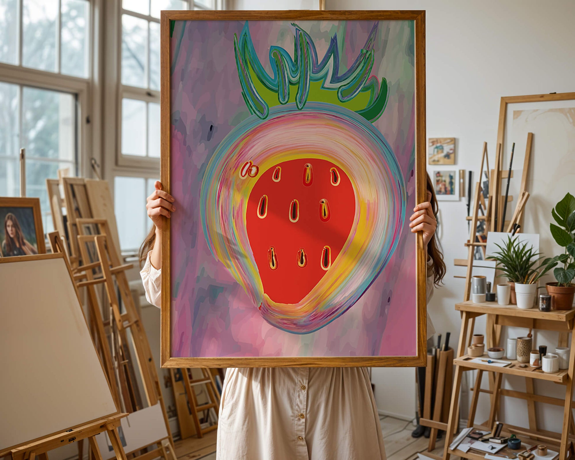 Colorful abstract strawberry with vibrant brush strokes