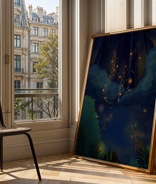 Enchanted night forest with glowing fireflies and dense foliage