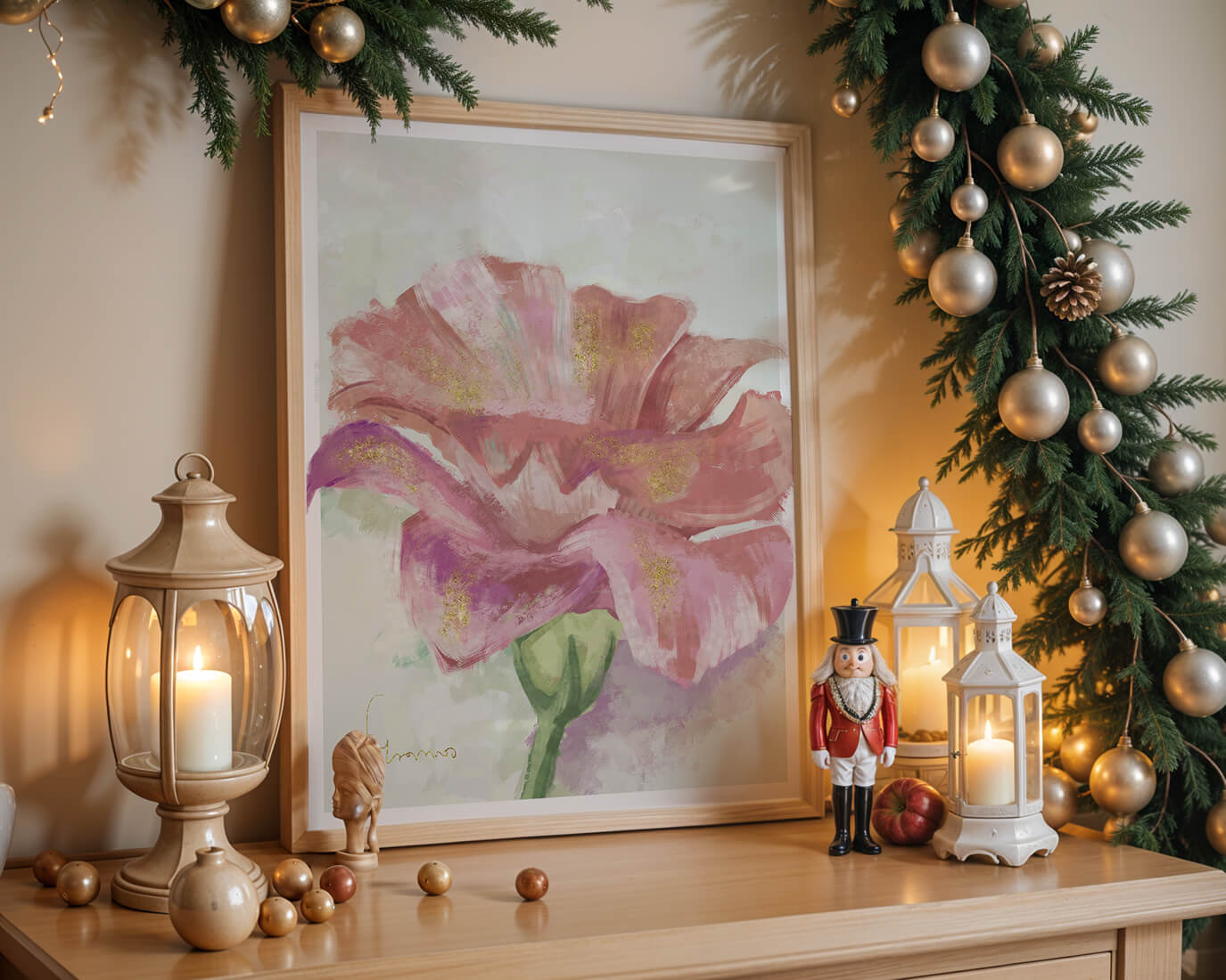 Vibrant pink flower with golden accents in abstract style