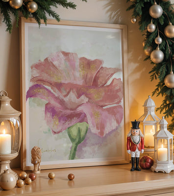 Vibrant pink flower with golden accents in abstract style