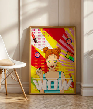 Ilustración de arte pop vibrante con una niña sonriente con maquillaje colorido y patrones audaces