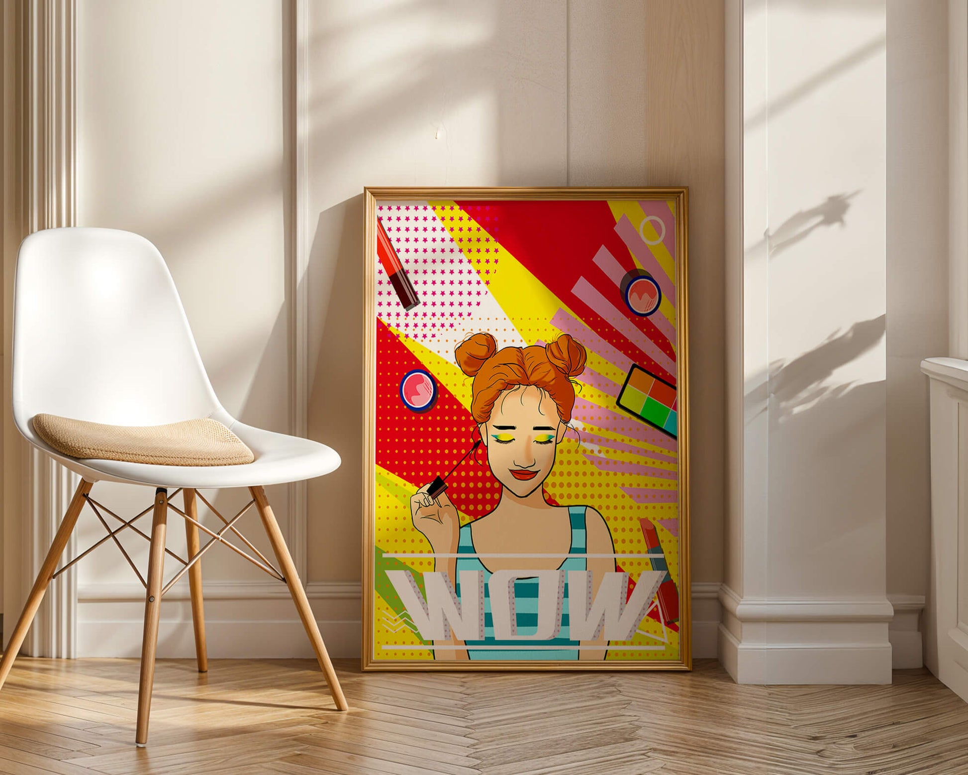 Ilustración de arte pop vibrante con una niña sonriente con maquillaje colorido y patrones audaces