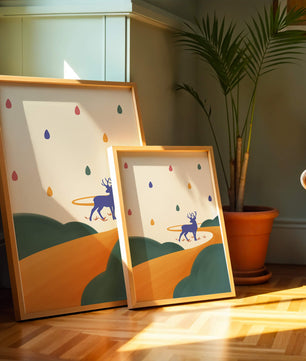 Colorful abstract deer illustration within a serene landscape