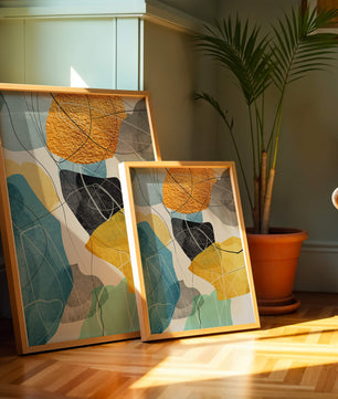Abstrakte geometrische Kunst mit goldenen Akzenten und leuchtenden Farben