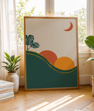 Minimalist Landscape With Mountains And Monstera Leaves At Sunset - Mi tienda