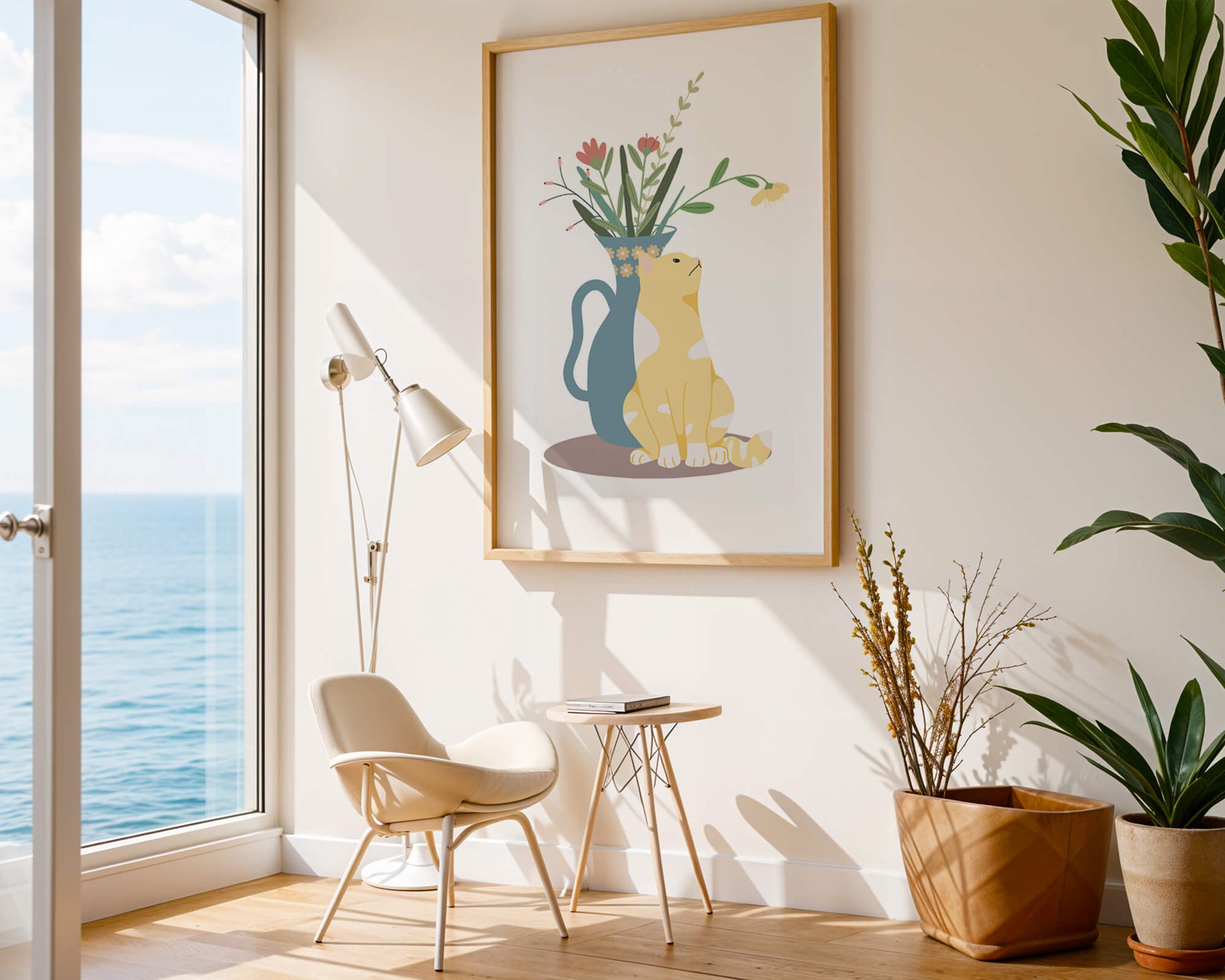 Illustration of a cat sitting beside a floral vase