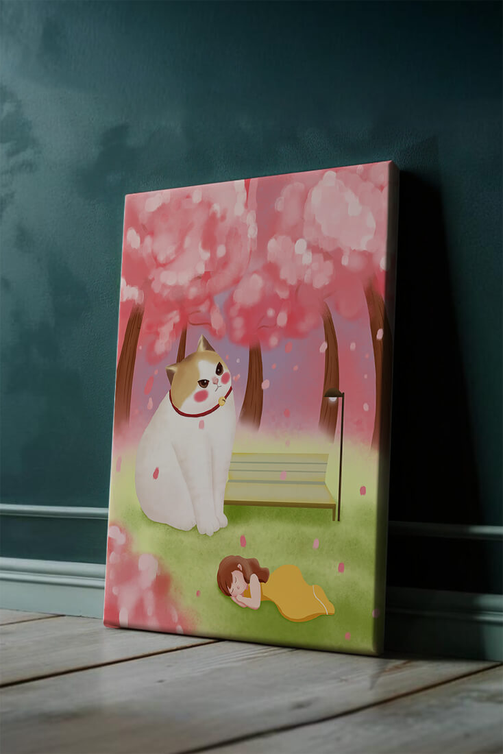 Whimsical scene with giant cat and girl under cherry blossoms