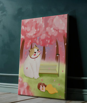 Whimsical scene with giant cat and girl under cherry blossoms
