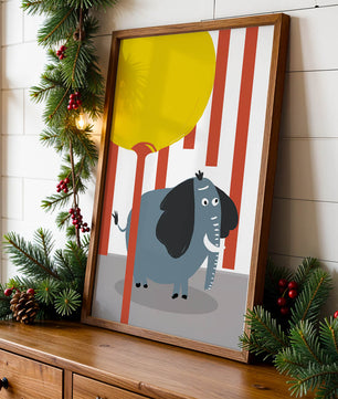 Illustration eines verspielten Elefanten mit einem gelben Ballon in abstrakter Umgebung