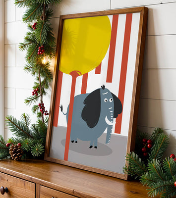 Illustration of a playful elephant with a yellow balloon in abstract setting