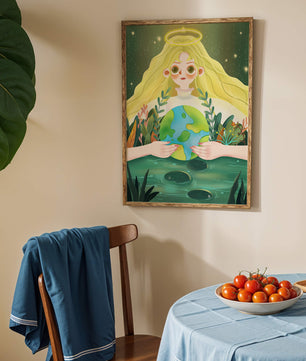 Illustration de la nature paisible avec une figure céleste tenant la Terre