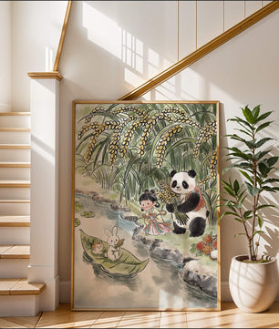 Escena caprichosa con un panda y un conejo junto al río