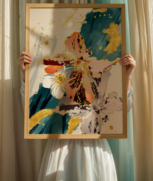 Obra de arte floral abstracta elegante con detalles dorados