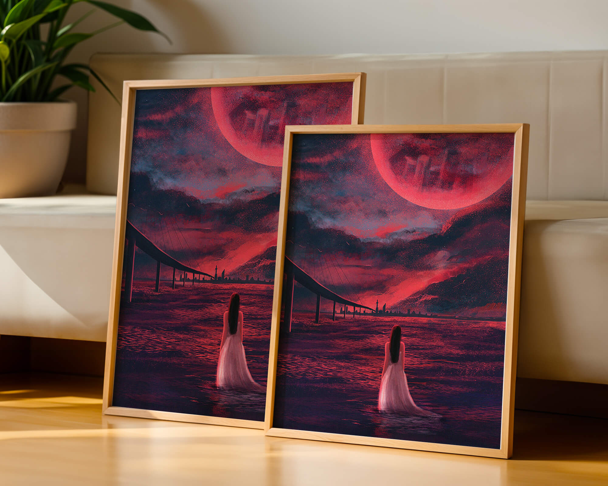 Dreamlike landscape with bridge and red night sky