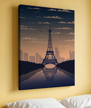 Vista escénica de la Torre Eiffel al anochecer con reflejo del horizonte urbano