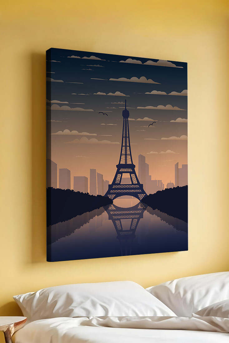 Scenic view of the Eiffel Tower at dusk with city skyline reflection