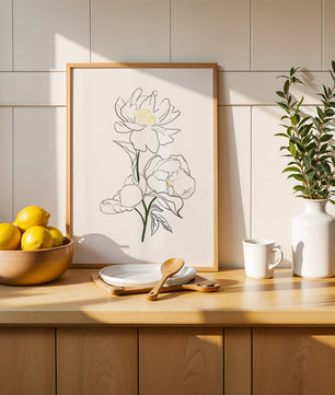 Elegante Pfingstrosen-Linienkunst mit goldenen Akzenten