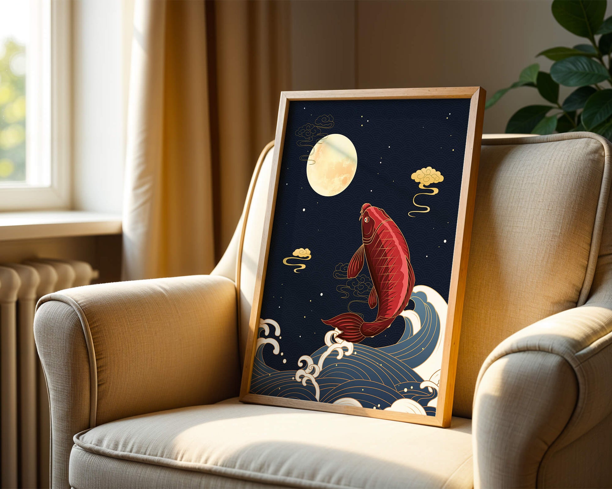 Artistic illustration of koi fish jumping over waves under moonlight