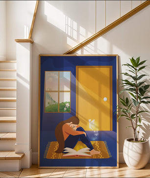 Woman sitting with an open magical book and a fairy in a room