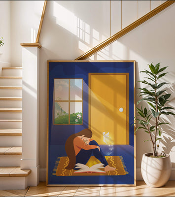 Woman sitting with an open magical book and a fairy in a room