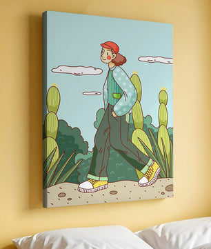 Person walking in desert landscape with cacti