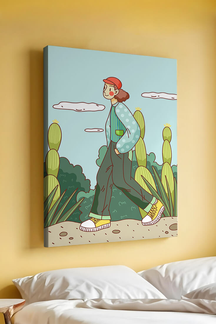 Person walking in desert landscape with cacti