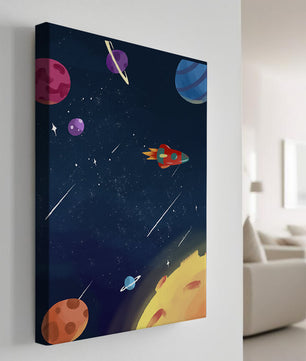 Farbenfrohes Weltraumabenteuer mit Planeten und Raketenillustration