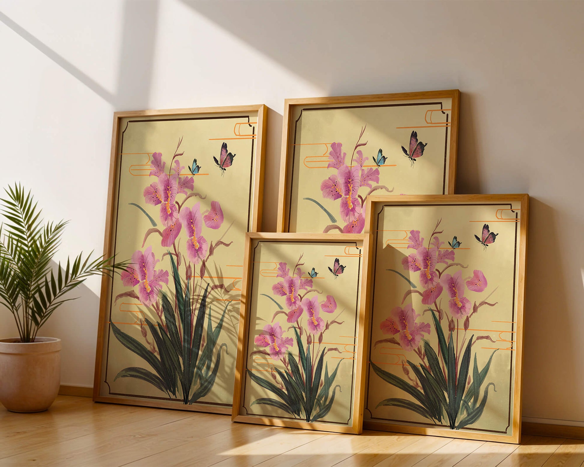 Elegant Floral Composition with Butterflies and Ornamental Background